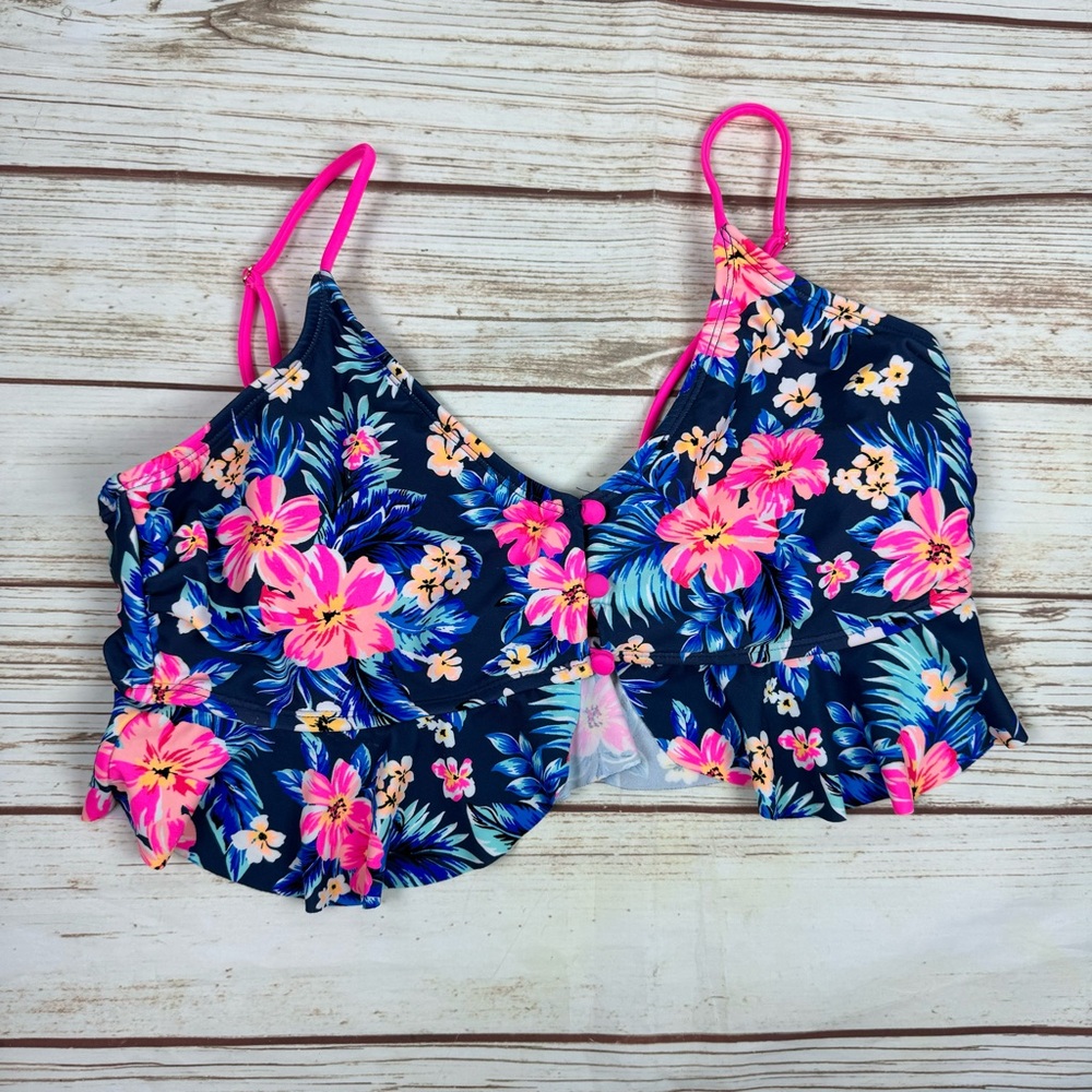 Arizona Jeans Tankini Neon Pink Blue White Ruffle Bikini Top - Size XXL